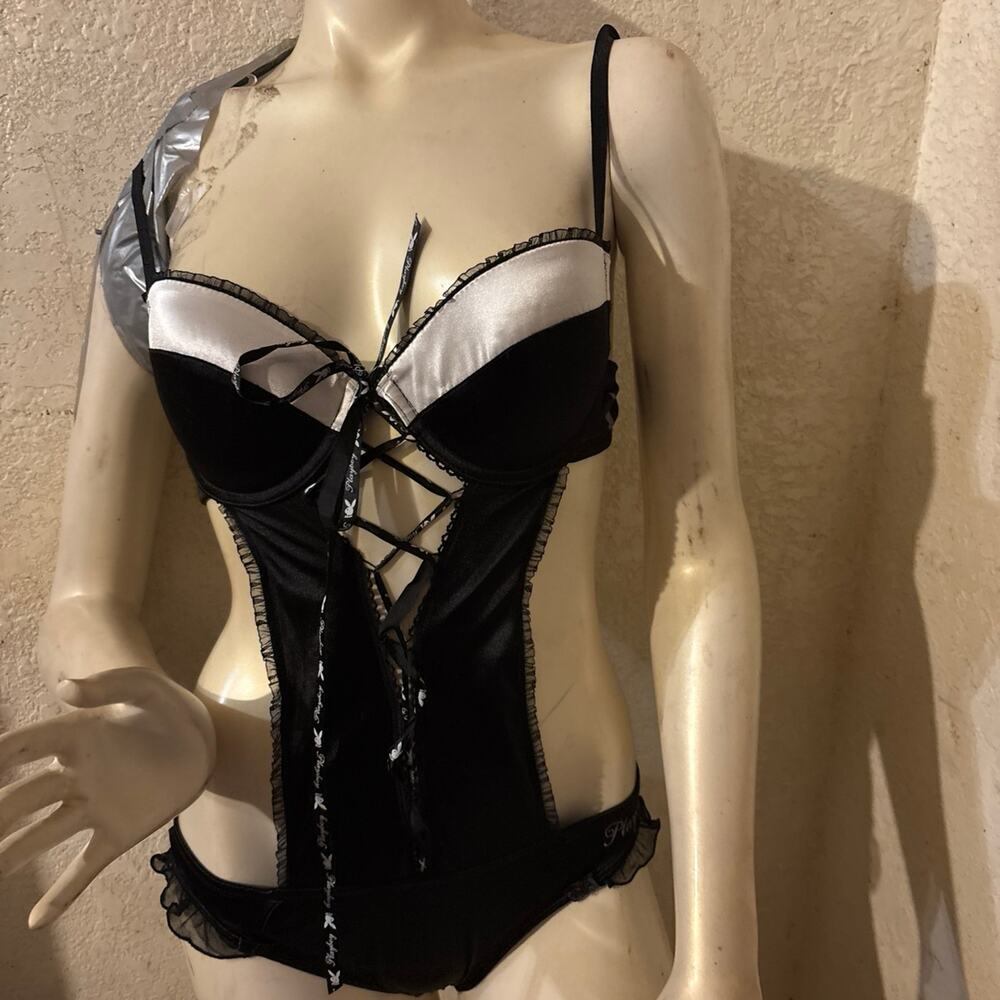 Playboy Tuxedo Bunny Satin Lace Up Lingerie Teddy Bodysuit Black White Large
